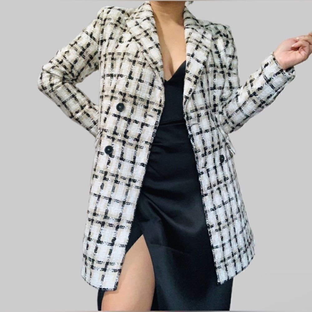 Zara Taupe Brown Textured Plaid Longline Blazer - Size M, Chic Lapel Collar!